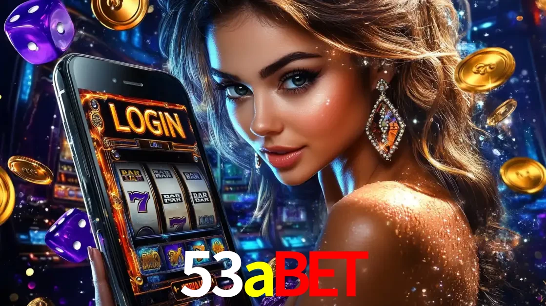 Mulher glamorosa segurando um smartphone com a tela de login para os jogos de caça-níqueis do cassino online 53abet, com moedas de ouro e dados ao redor.